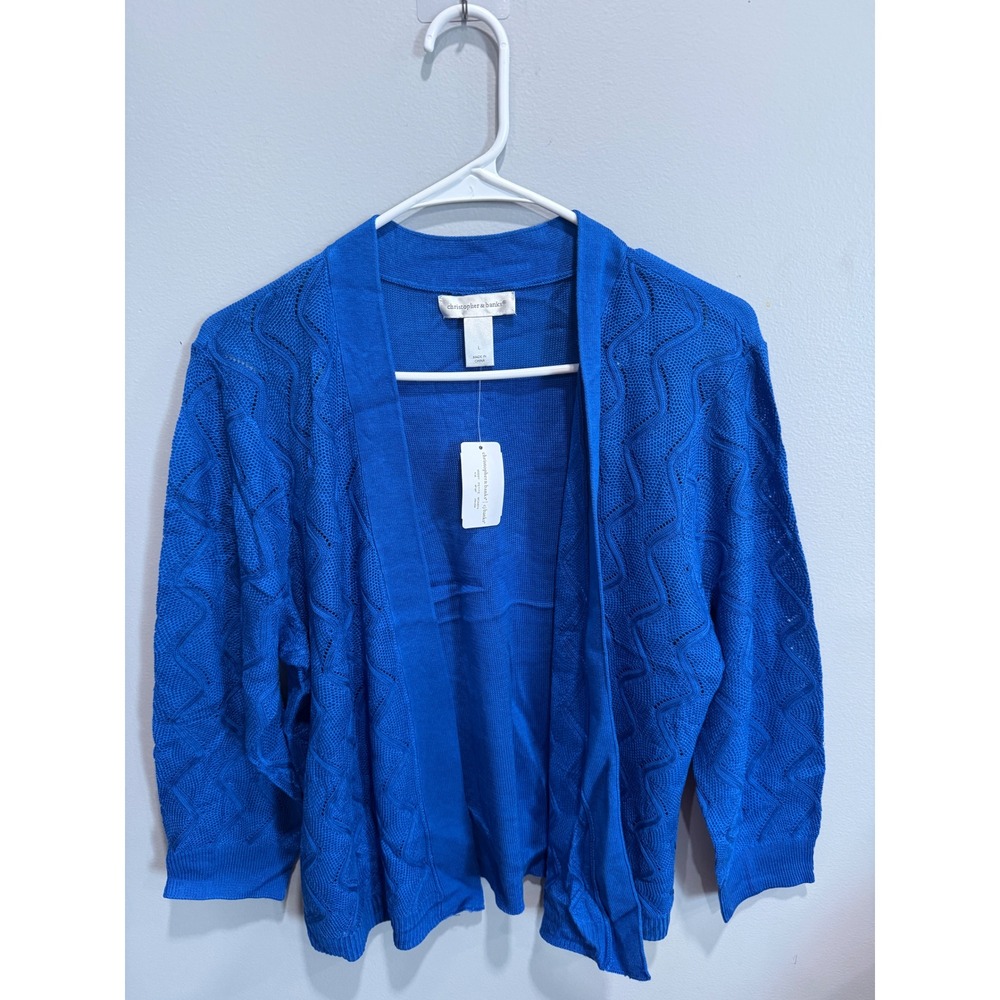 Christopher & Banks Royal Blue Pointelle Wavy Open Front Cardigan L NWT
